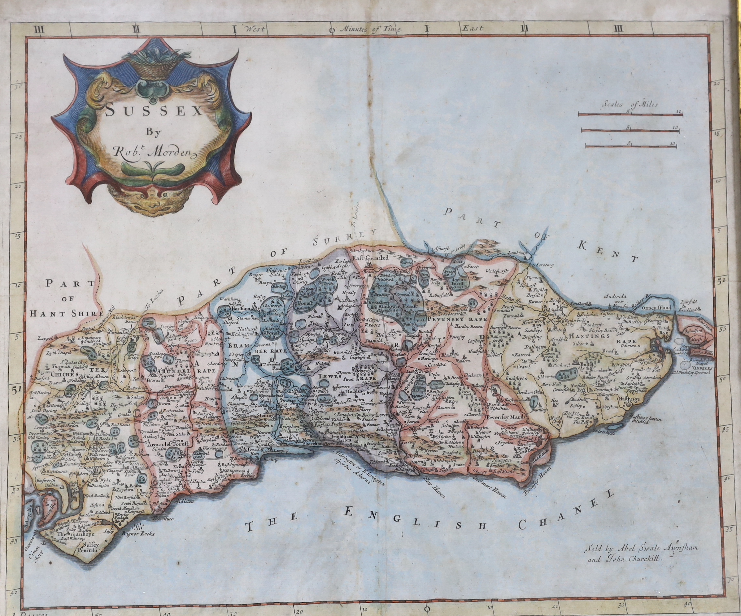 Robert Morden (1650-1703), hand coloured map of Sussex, sold by Abel Swale, Awnshan & John Churchill, 39 x 42.5cm, maple framed